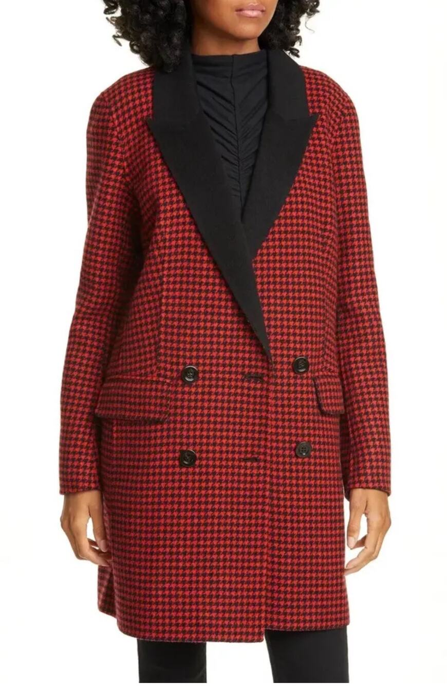 Veronica Beard Senna Red Houndstooth Wool Double Breasted Long Coat Size 4